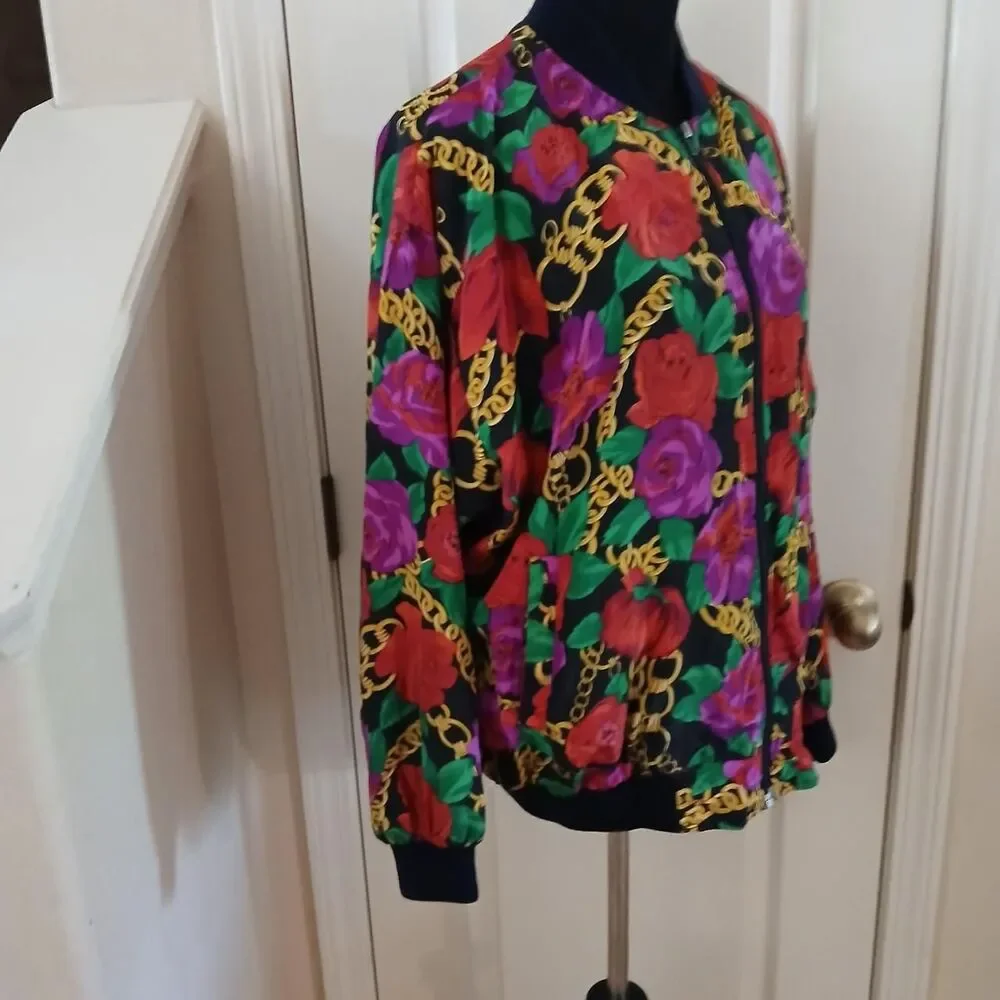 Vintage 90s Vibrant All Over Print Floral Gold Chain Bomber Jacket Dopamine